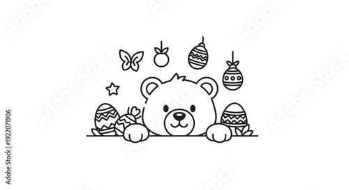 Bear peeking over hill with Easter eggs and decorations
