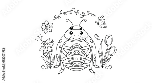 Bee and Larva in Garden with Flowers and Butterfly