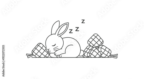 Sleeping rabbit among woven hay bales