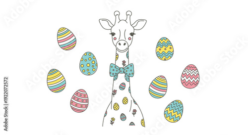 Giraffe with Bowtie Among Easter Eggs