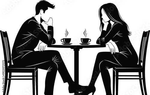 Silhouette of a man and woman sitting at a table with coffee cups in a quiet moment of contemplation silhouette