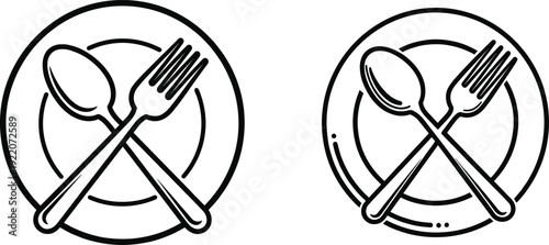Silhouette of two plates with crossed utensils fork and spoon on a white background