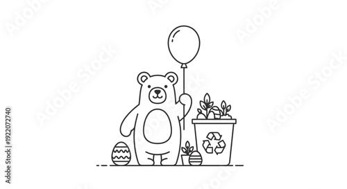 Cute teddy bear with balloon beside recycling planter and Easter egg