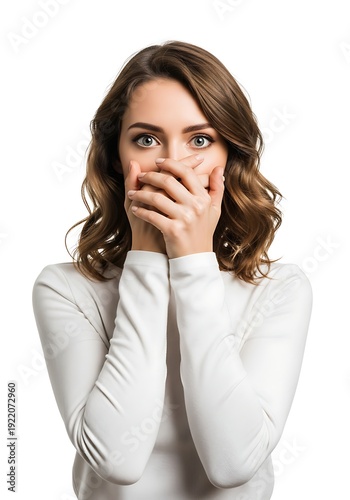 High-key studio portrait young woman covering mouth secrecy mystery silence.