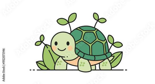 Smiling baby turtle with sprouting plants and leaves