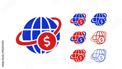 Global finance icon set featuring globe and currency symbols representing international trade, forex exchange, global banking, and cross-border transactions.