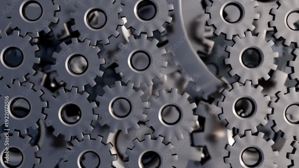 custom made wallpaper toronto digital3D animation, metallic cogs interlock with depth-mapped precision. Polished steel edges glint under dynamic lighting as they spin in a heavy, synchronized, 3D mechanical dance.
