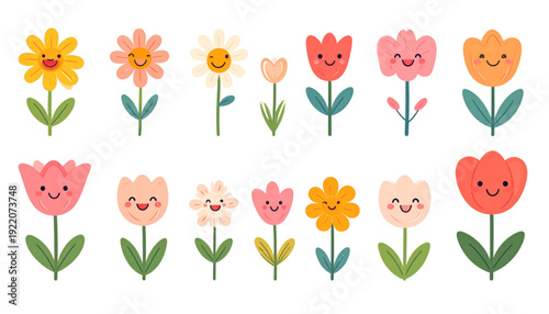 Colorful bouquet of cheerful tulips in a row with green stems and leaves isolated on transparent background