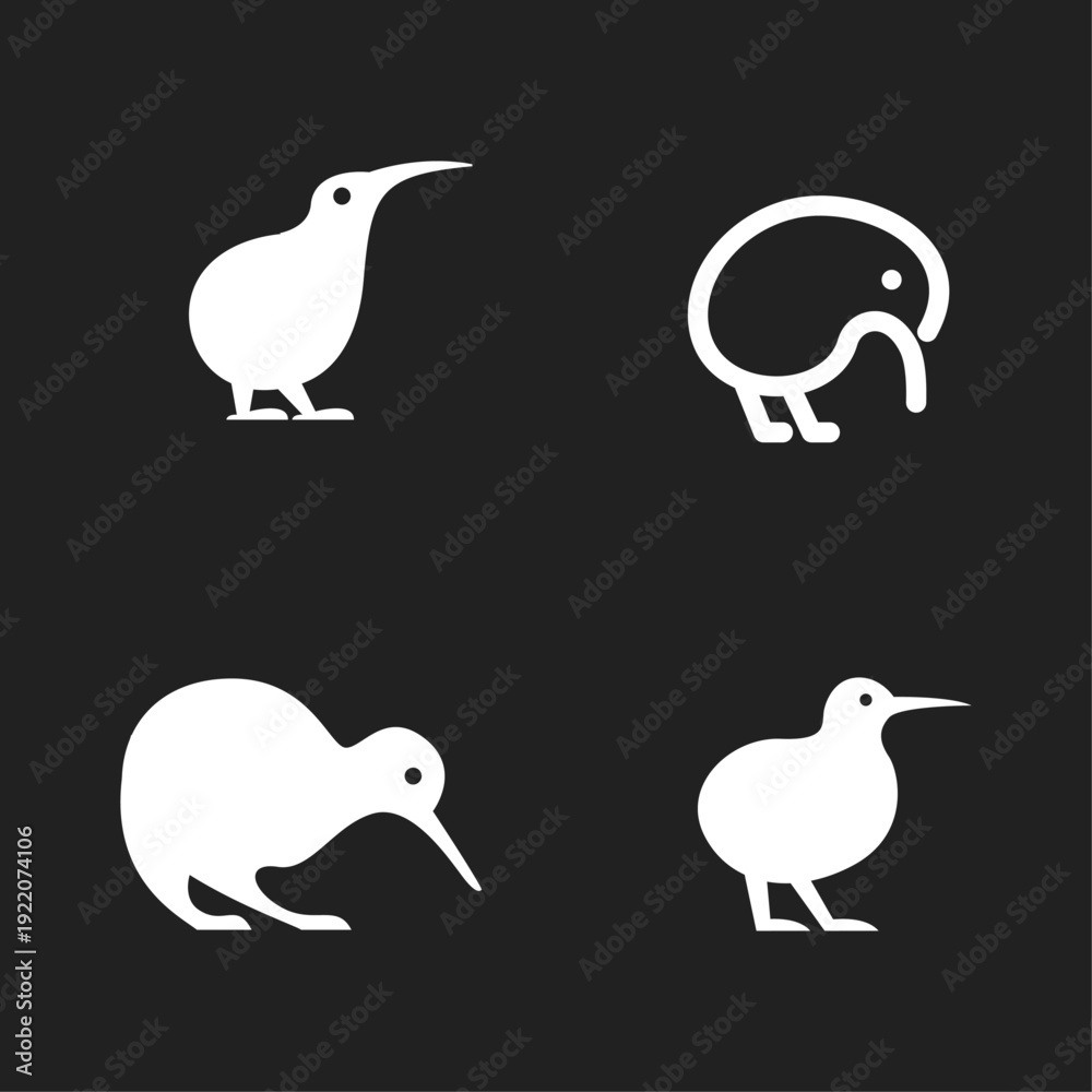 Fototapeta premium Kiwi Bird Icons Set. Four White Stylized Kiwi Bird Logo Designs for Nature and Wildlife Graphics