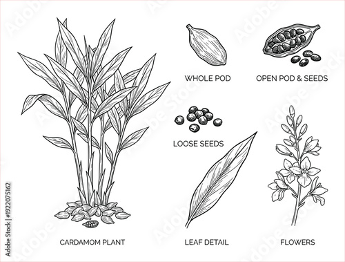Detailed botanical illustration of a cardamom plant, its pods, seeds, leaf, and flowers in monochrome.