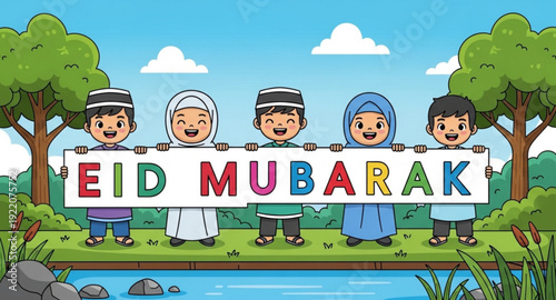 Happy Eid Mubarak Muslim Kids Holding Letter Signs Vector Illustration
