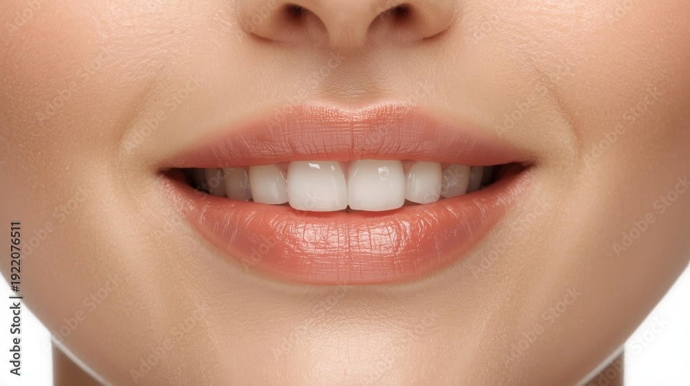 Obraz premium Close-up of a smiling woman's lips and teeth showing smooth, moisturized skin and natural makeup.