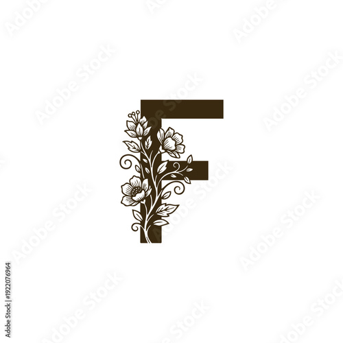 Elegant letter F alphabet monogram with vintage floral ornaments and botanical blossoms in hand-drawn engraving style.