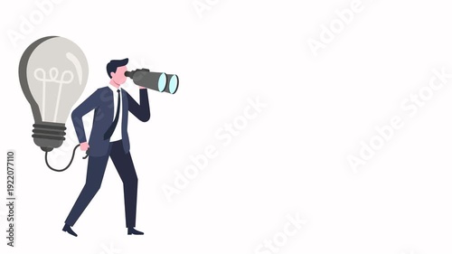 Animation 2D business man with bulb | Creativity to help see business opportunity, vision to discover new solution or idea, curiosity, searching for success concept, businessman open lightbulb idea