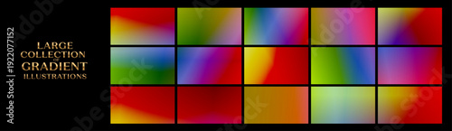 Dynamic collection of brightly saturated rainbow gradients in red, green, blue, and yellow, arranged in a modern grid for bold posters, covers, and digital branding projects.