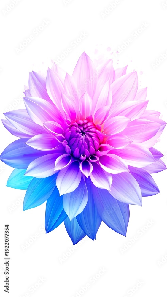 Fototapeta premium A vividly colored dahlia, rendered with gradient hues of violet, pink, and blue, set against a pristine white background. The petals are carefully detailed