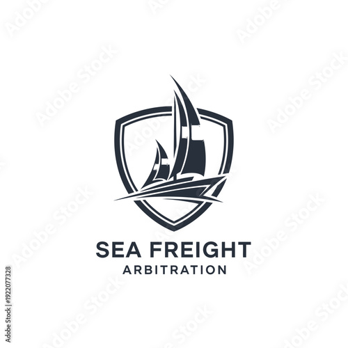 Sea Freight Arbitration Shield Logo with Stylized Sailboat or Ship, isolated white background