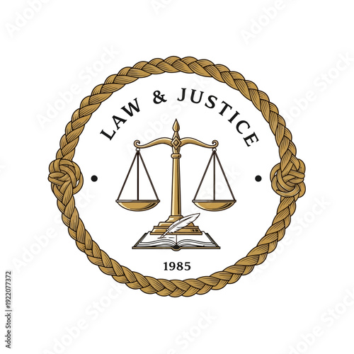 Law and Justice Logo with Balance Scale Open Book and Quill in Rope Circle, isolated white background