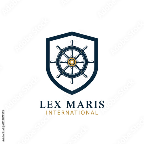 Lex Maris International Logo with Ship's Helm in Shield, isolated white background.