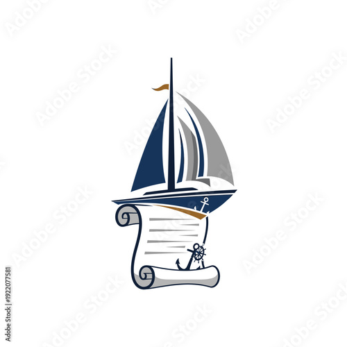 Nautical Sailboat, Anchor, and Scroll Logo for Maritime Law or Shipping Business, isolated white background