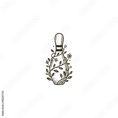 Vintage hand-drawn illustration of a bowling pin entwined with delicate floral vines, blooming flowers, and organic leaves in a detailed stipple and engraving style.