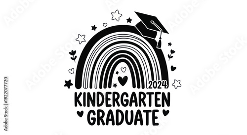 Kindergarten Graduate 2024 Rainbow Graduation Cap Stars Hearts Black White SVG