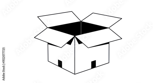 Open Cardboard Box, Line Art Icon, Simple Geometric Design, Isolated on White