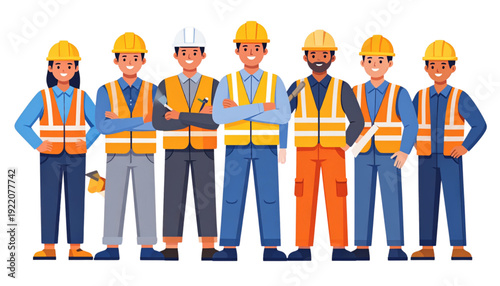 Diverse group of construction workers collaborating on a project site isolated on transparent background