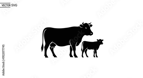 Silhouette of Mother Cow and Calf Standing Together on White Background