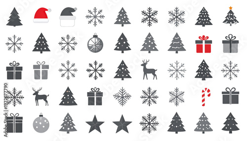 Assorted icons depicting various holiday-themed symbols and decorative elements isolated on transparent background