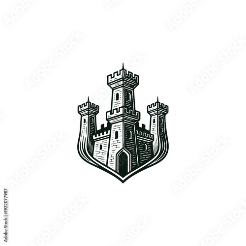 Vintage hand-drawn illustration of a medieval stone castle with three towers and a central gateway, featuring a shield-like base in a detailed woodcut engraving style.