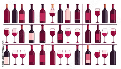Assorted wine bottles and glasses arranged in a decorative pattern isolated on transparent background