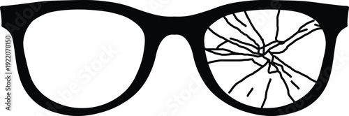 Minimalist Black Eyeglasses Vector with One Broken Shattered Lens