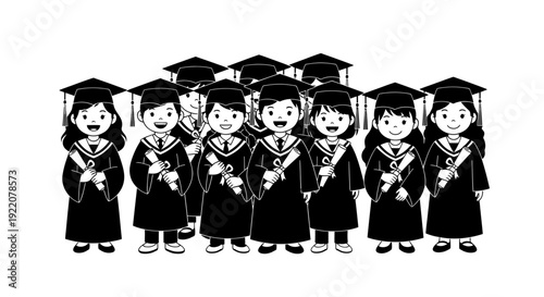 Cartoon Graduation Group of Diverse Children in Caps and Gowns Holding Diplomas