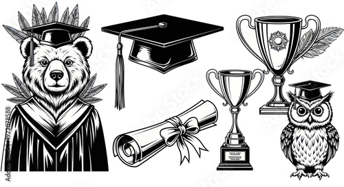 Graduation Bear and Owl with Trophies and Diploma