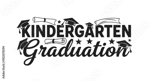 Kindergarten Graduation Typography with Caps and Diplomas