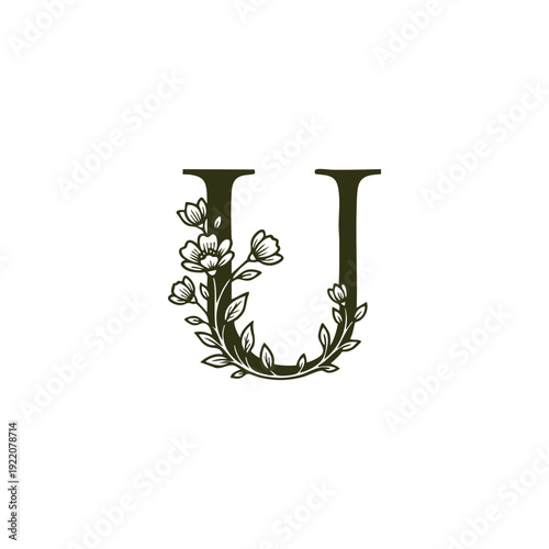 Elegant vintage floral letter U initial with delicate blooming flowers and leaves, decorative botanical alphabet engraving isolated on white.