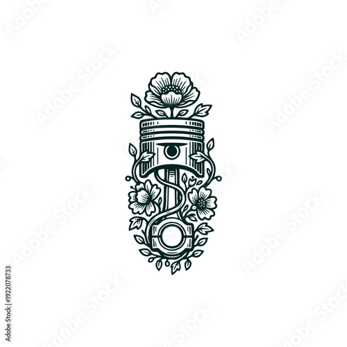 Mechanical engine piston combined with blooming flowers in a vintage engraving style, automotive art illustration isolated on white.