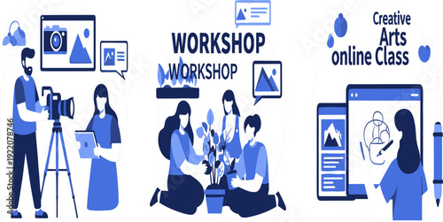  Creative Workshop and Online Art Class Illustration with Photography, Painting and Digital Learning Scenes for Education and Training Design