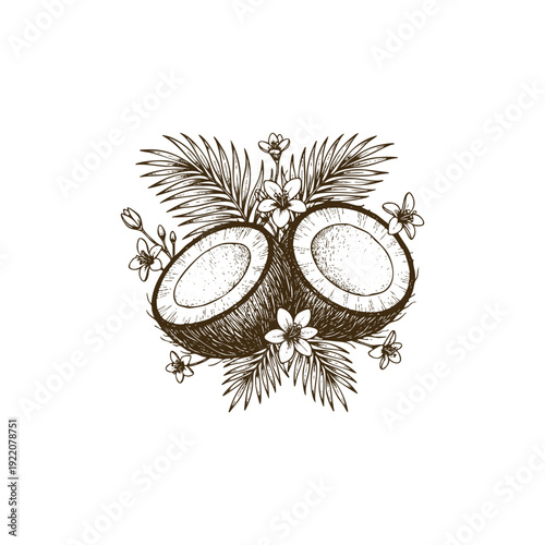 Vintage hand drawn illustration of halved coconuts with palm leaves and tropical flowers, engraved style isolated on white.