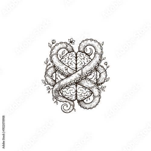 Vintage engraving illustration of a human brain intertwined with octopus tentacles and floral vines, surreal conceptual art isolated on white.