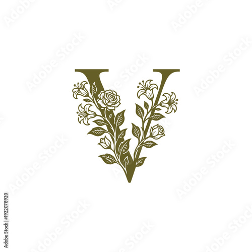 Vintage ornate floral letter V initial with elegant roses and lilies, decorative botanical alphabet engraving isolated on white.