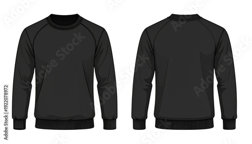 Minimalist black long-sleeve crew neck sweatshirt with front view comparison. isolated on transparent background
