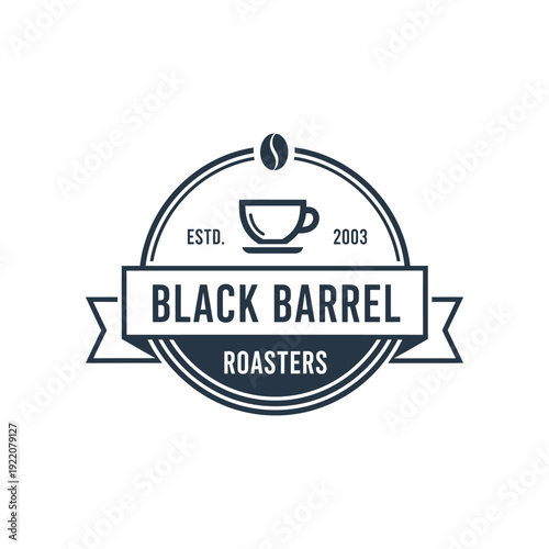 Vintage circular badge and coffee bean icon for roastery brand logo Black Barrel Roasters