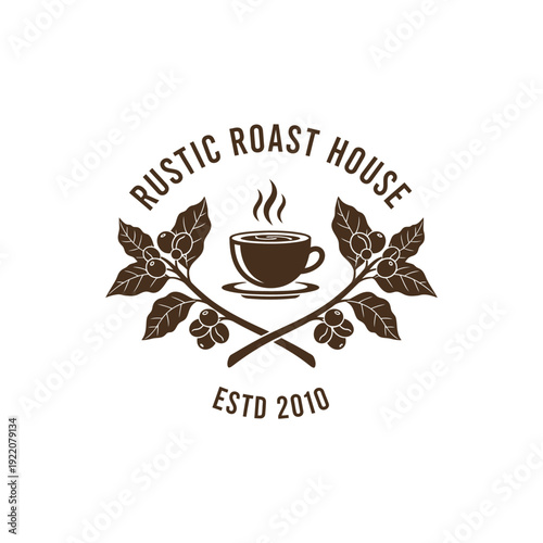 Vintage coffee cup with bean branch icon for cafe logo by Rustic Roast House