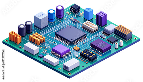 A detailed view of an electronic circuit board with various components soldered onto it isolated on transparent background
