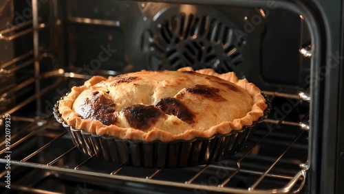 Delicious 4K UHD close up shot with a camera zoom in capturing the complete dynamic timelapse of a delicious homemade pie as it is perfectly baked and rising up inside the hot oven illustrating the