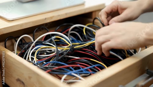 High quality 4K close up video focusing intently on the sheer chaos of numerous tangled wires and cables crammed messily inside a wooden office drawer illustrating the frustration of trying to