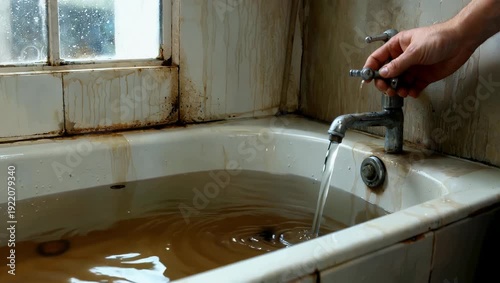 Concerning 4K video focusing on the serious issue of dirty brown contaminated tap water filling a bathtub in a home bathroom highlighting the severe water pollution problem within a residential