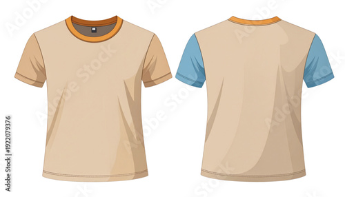 Comparison of beige and light blue short-sleeved t-shirts displayed side by side isolated on transparent background